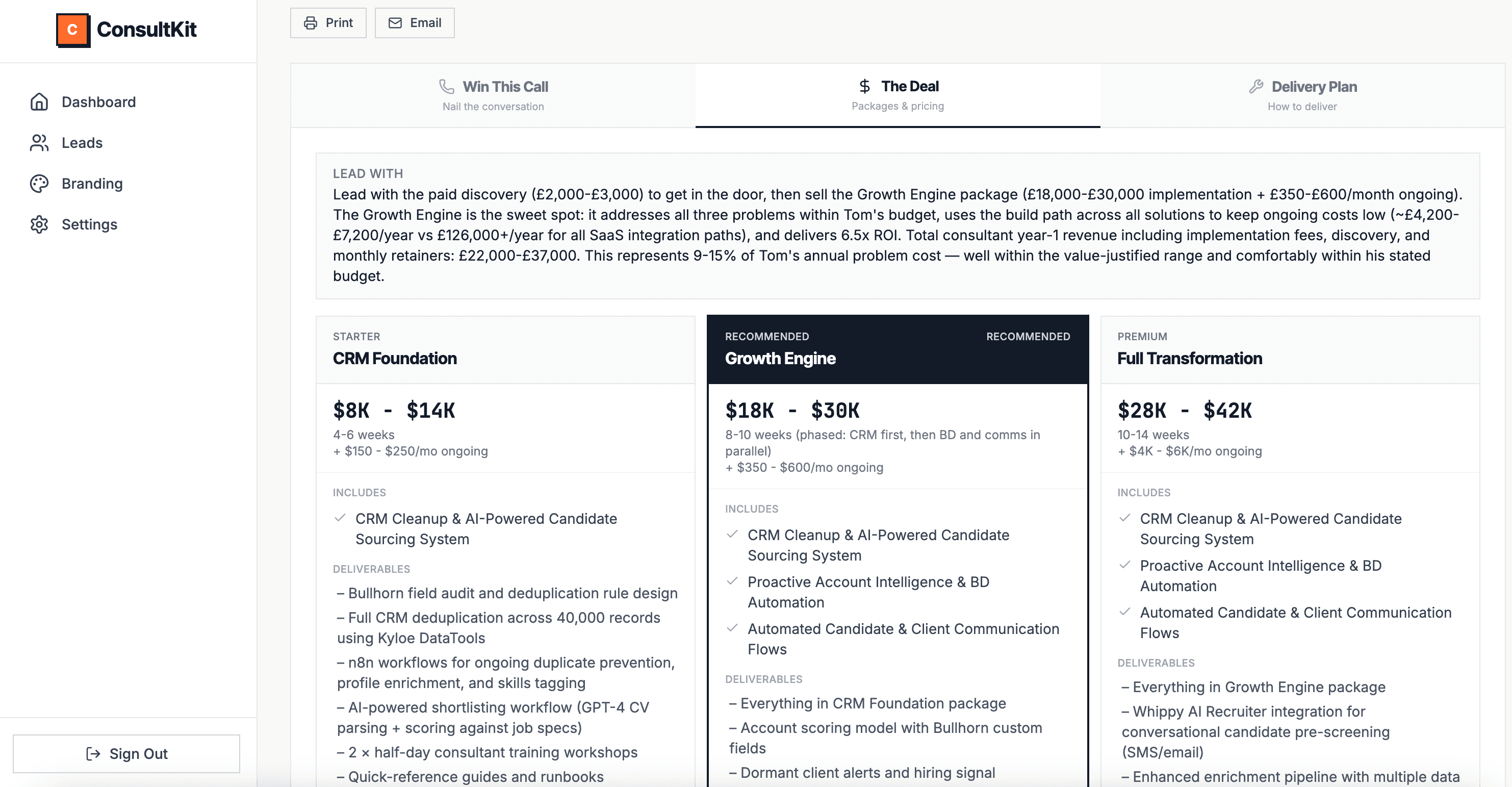 Deal strategy with tiered proposals and scoped pricing