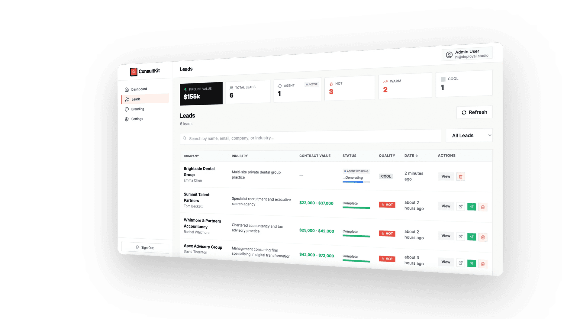 ConsultKit leads dashboard showing active pipeline with HOT and WARM leads