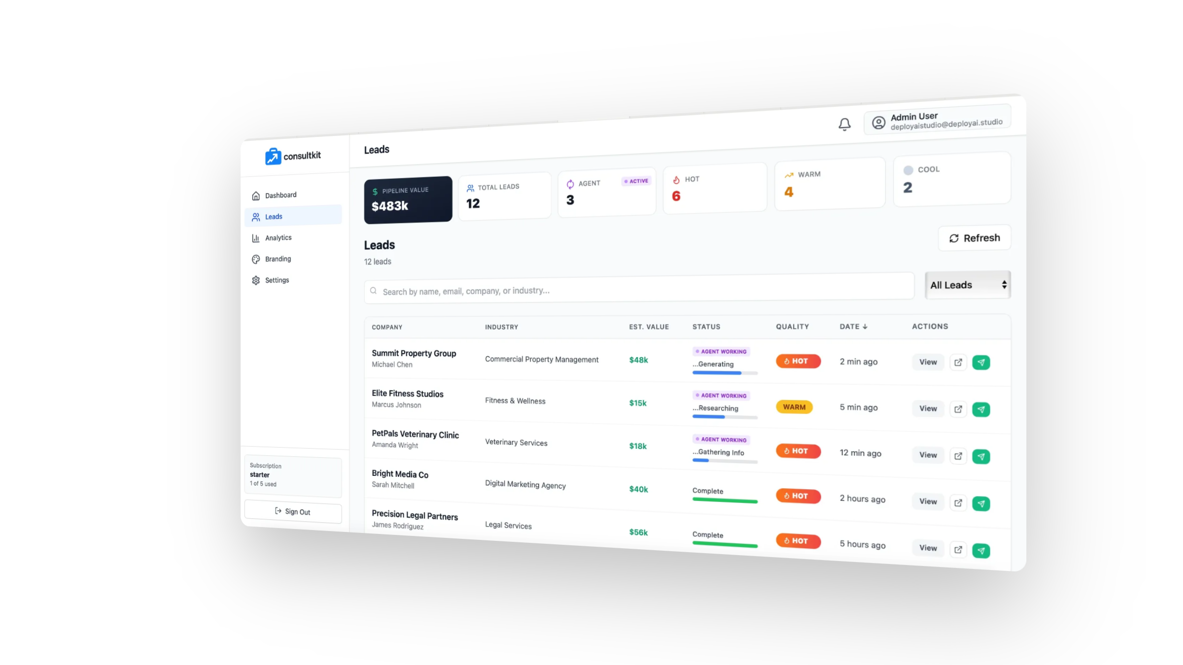 Leads dashboard showing AI agent working on qualified leads